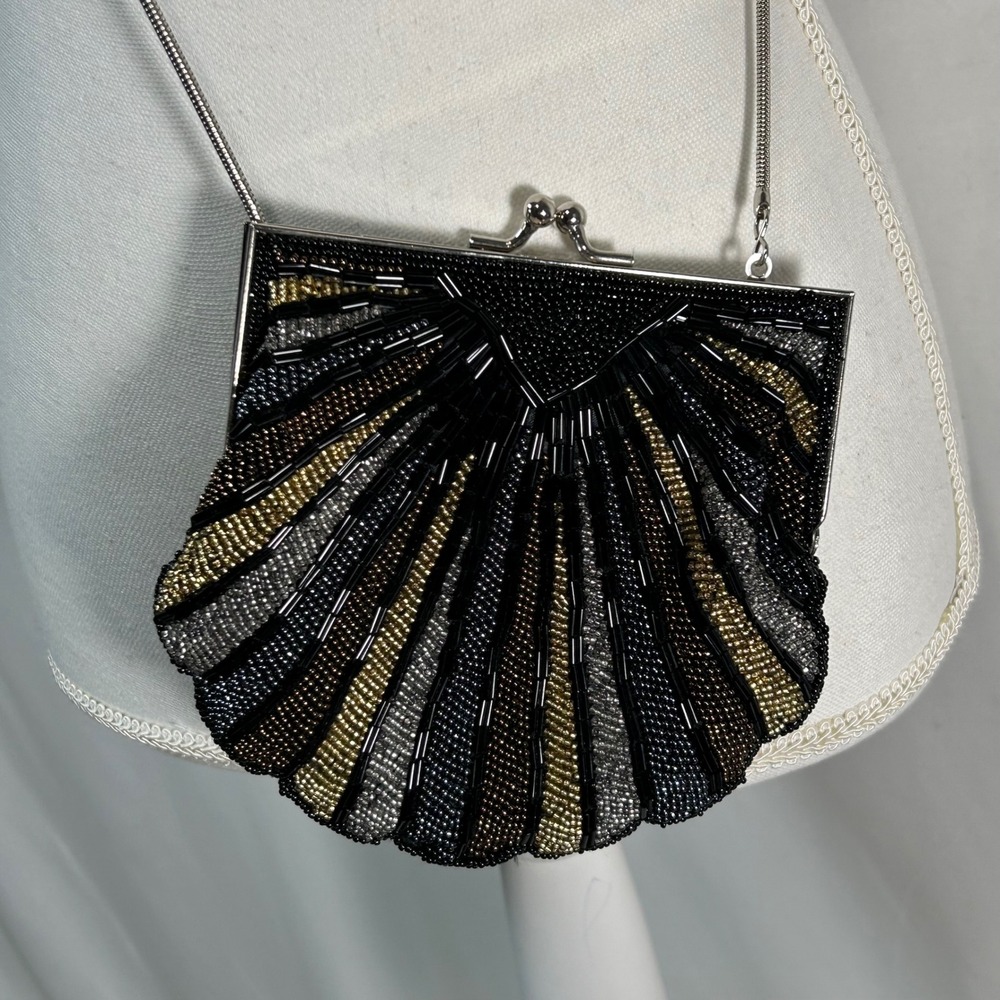 Rebecca Malone Beaded Fan Evening Clutch Purse Silver Chain Flapper‎ Art Deco